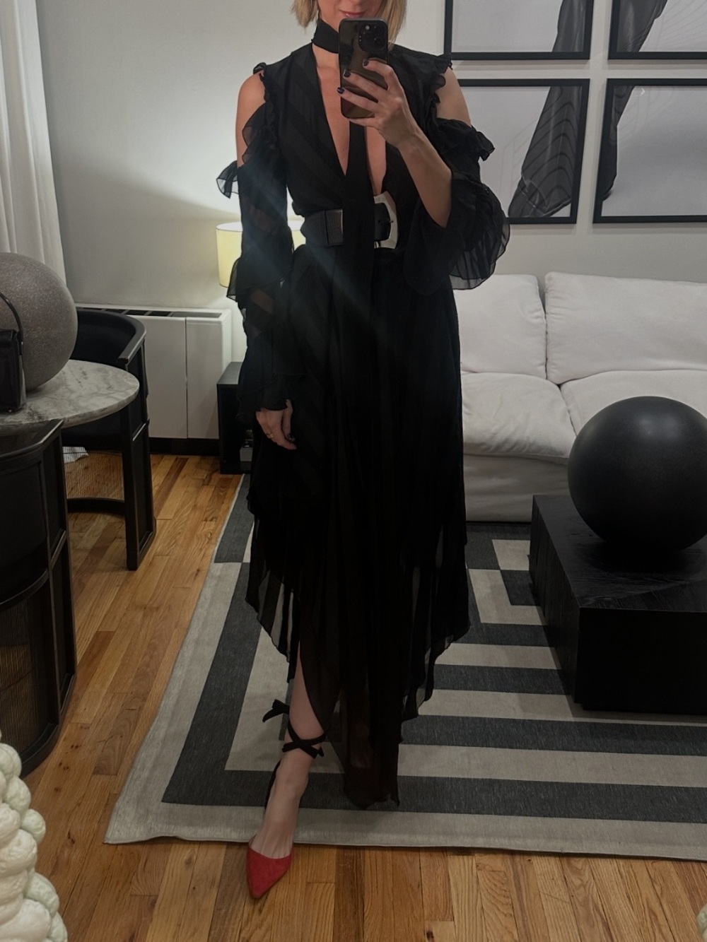 Off-White Black Cold-Shoulder V-Neck Midi Dress